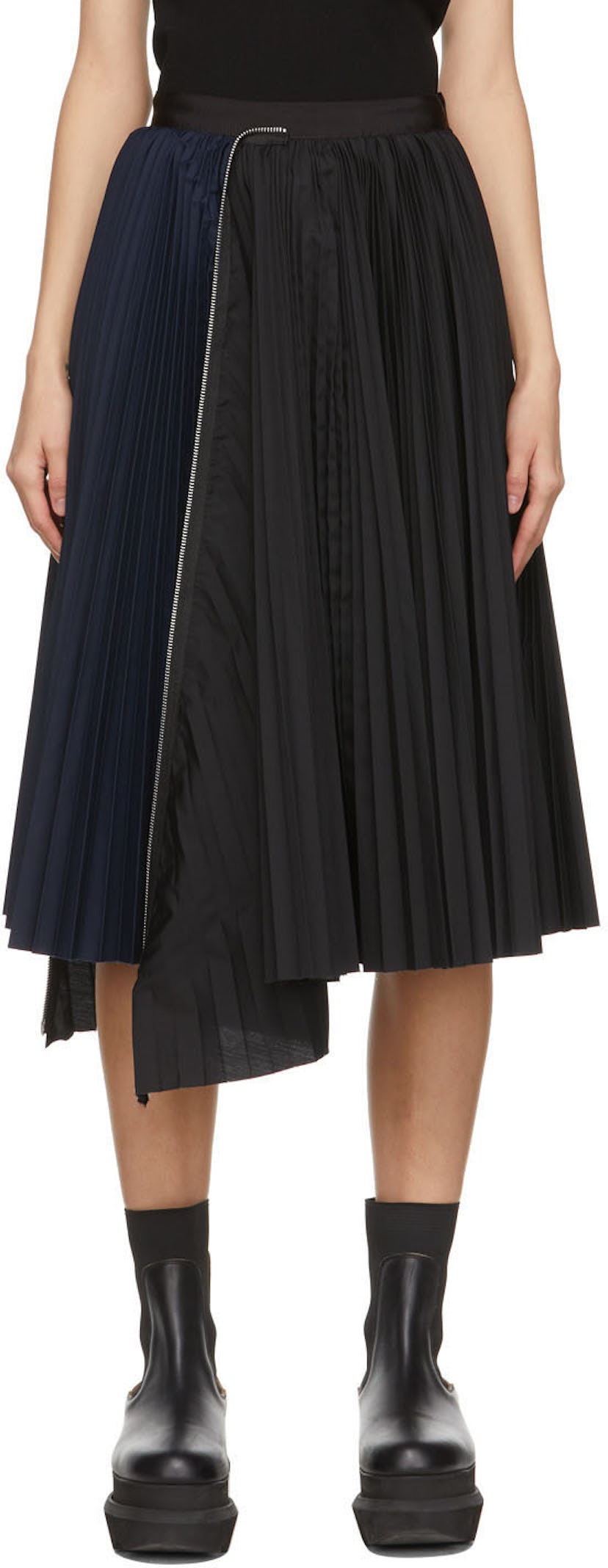 Black & Navy Zip Pleated Skirt