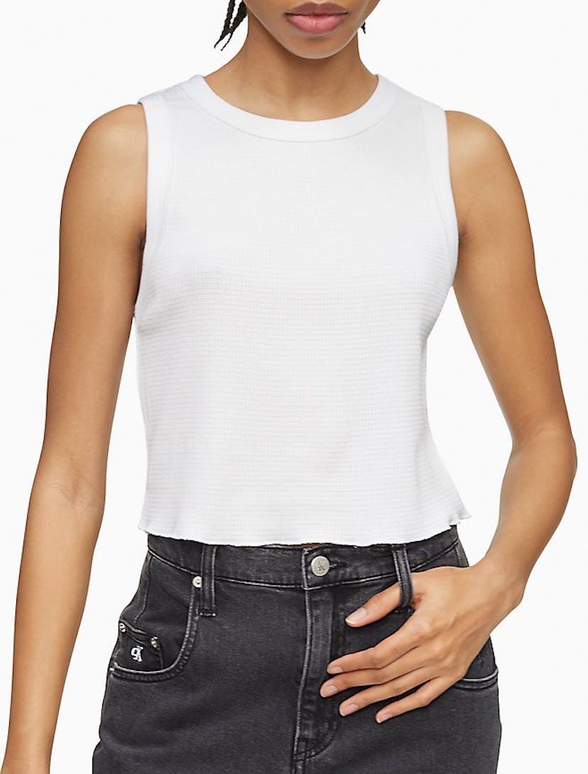 Solid Waffle-Knit Sleeveless Crop Top