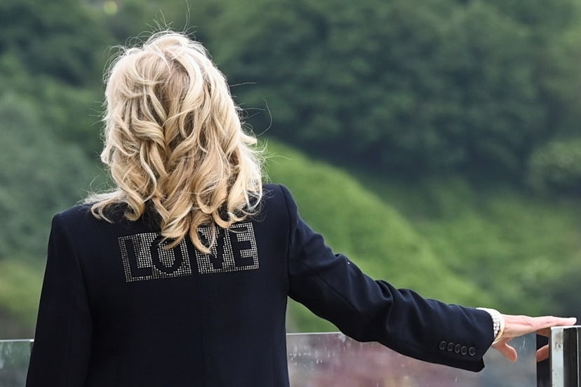 Ahead of the G7 Summit, Jill Biden wore a Zadig & Voltaire 'Love' jacket, which Twitter thinks is a ...