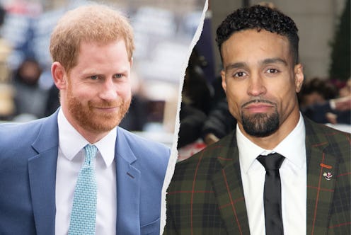 Prince Harry wearing a blue suit and tie, Ashley Banjo wearing a checked suit and black tie