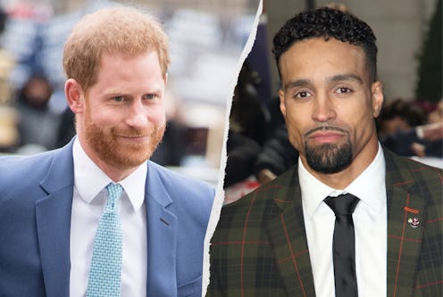 Prince Harry wearing a blue suit and tie, Ashley Banjo wearing a checked suit and black tie