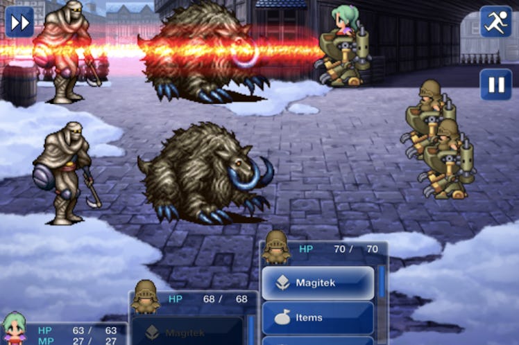 Characters in mechs fighting enemies in Final Fantasy VI
