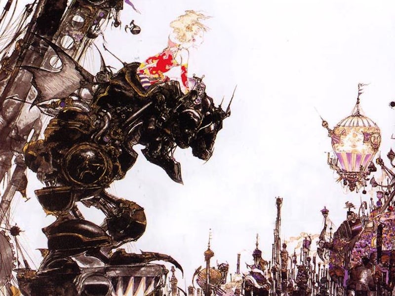 Concept art for Final Fantasy VI with the red mage riding a dragon mech in front of a city with a ho...