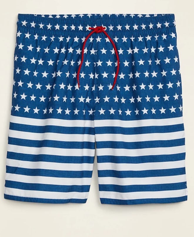 Printed Swim Trunks in Blue & White American Flag