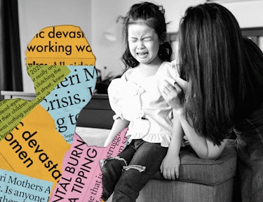 A mom comforting her child who is crying while a figure made of pandemic headlines is in front of he...
