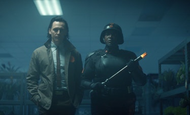 Tom Hiddleston as Loki and Wunmi Mosaku as Hunter B-15 hunting the Loki variant in 'Loki'