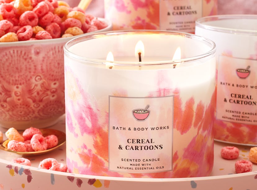 A closeup of Bath & Body Works' three-wick Cereal & Cartoon candle, introduced as part of Bath & Bod...