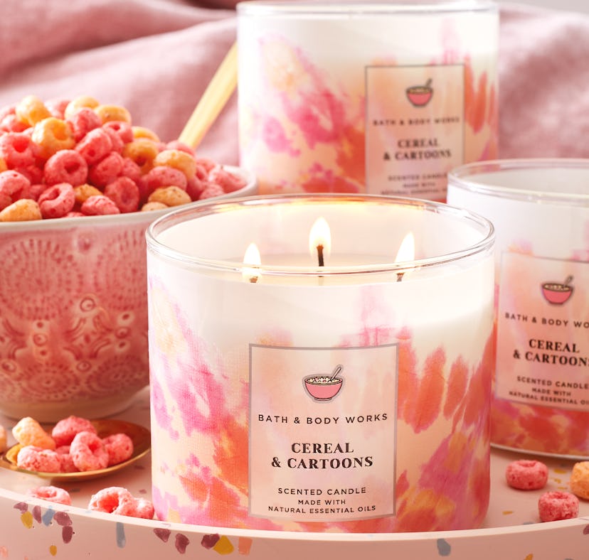 A closeup of Bath & Body Works' three-wick Cereal & Cartoon candle, introduced as part of Bath & Bod...
