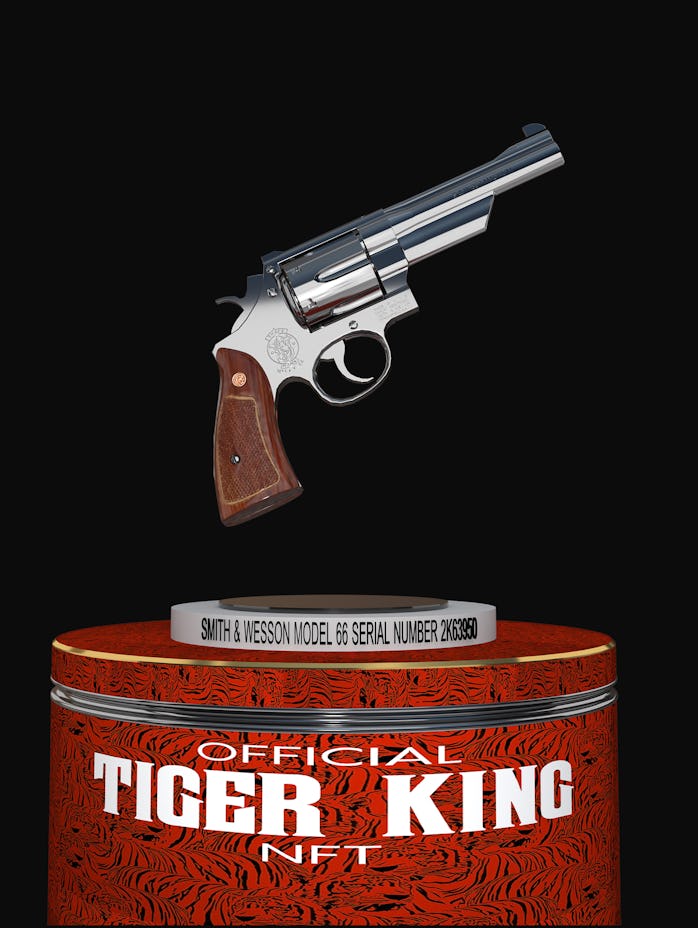 3D NFT rendering of Joe Exotic's pistol from Tiger King for NFT auction