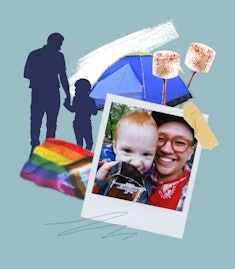 Collage of two dad and child photos, LGBT rainbow flag, and a blue camp tent