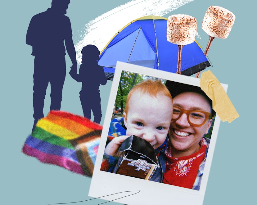 Collage of two dad and child photos, LGBT rainbow flag, and a blue camp tent