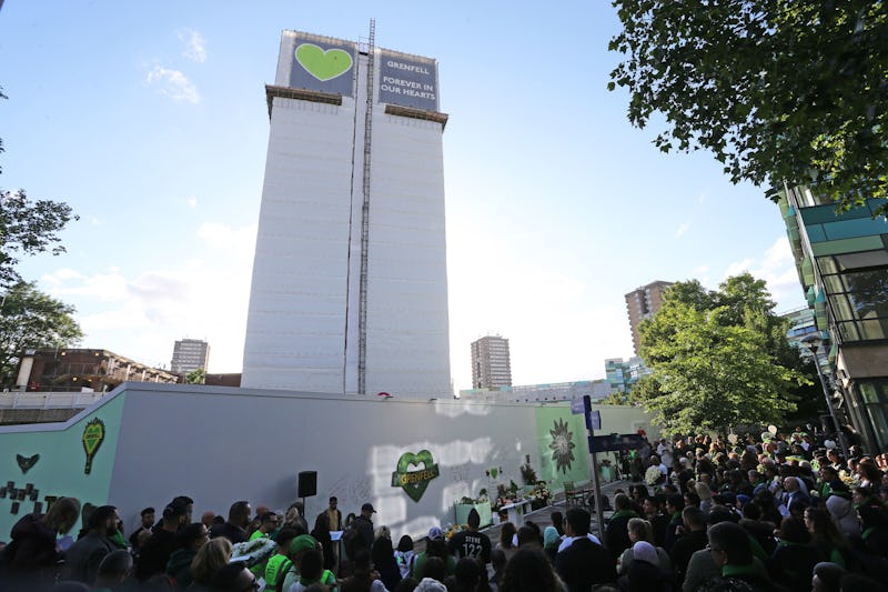 Family and friends of the 72 people who lost their lives in the Grenfell Tower block fire gather out...