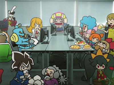Characters from WarioWare: Get It Together! sitting around office desks with food everywhere