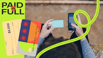 A person entering their credit card information in their phone, with a green banner on the side that...