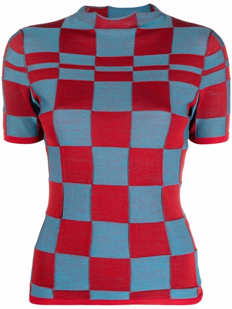 Checkered Mock-Neck Knitted Top