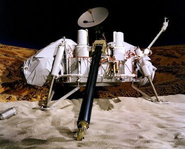 One of the Viking test landers sits against a dramatic backdrop.