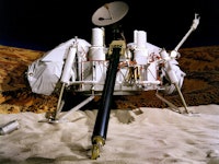 One of the Viking test landers sits against a dramatic backdrop.