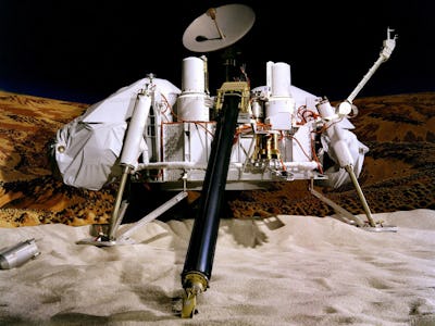 One of the Viking test landers sits against a dramatic backdrop.