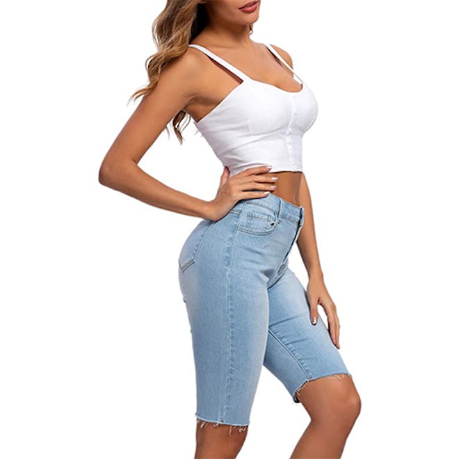 These stretchy denim shorts for big thighs are similar to longer-length biker shorts.