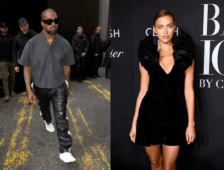Side by side photos of Kanye West walking down the street and Irina Shayk posing on a red carpet