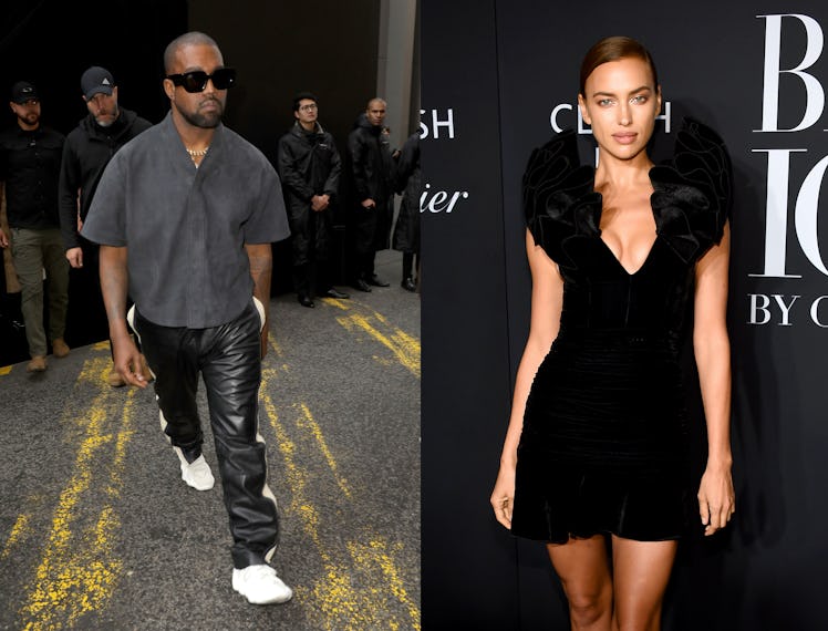 Side by side photos of Kanye West walking down the street and Irina Shayk posing on a red carpet 