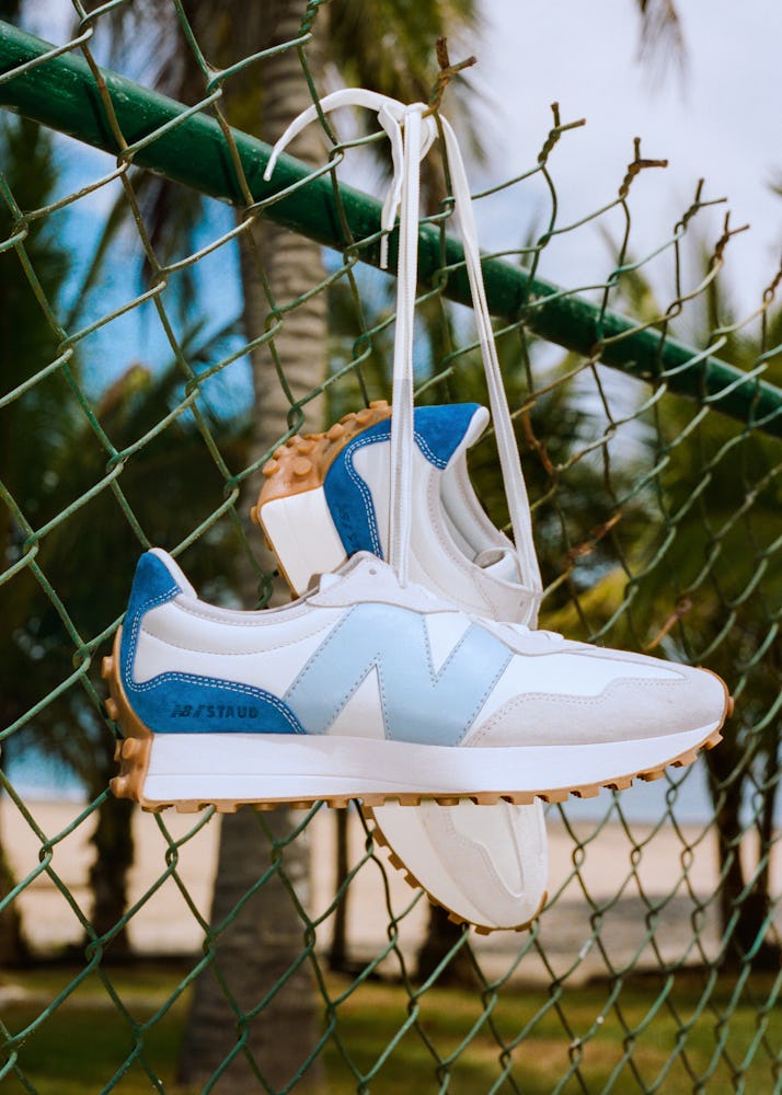 Blue and white sneaker from the New Balance x STAUD collaboration.