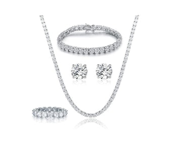 GEMSME 18K White Gold Plated Tennis Necklace/Bracelet/Earrings/Band Ring Set (4 Pieces)