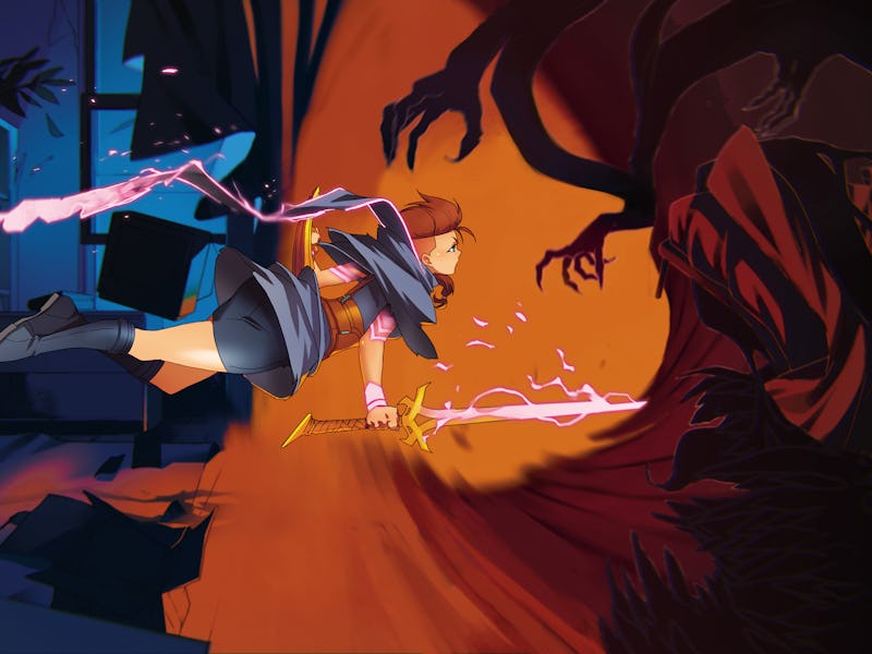 A character from the video game Dreamscaper jumping into a portal