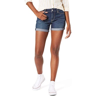 These Levi's denim shorts for big thighs have a mid-rise and rolled hem.