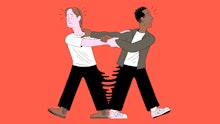 An illustration of a couple trying to walk away from each other and unsticking, representing separat...