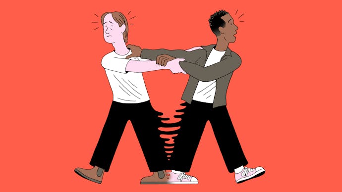 An illustration of a couple trying to walk away from each other and unsticking, representing separat...