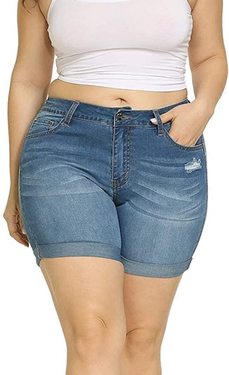 Thise plus-size denim shorts for big thighs come in a variety of washes and styles.