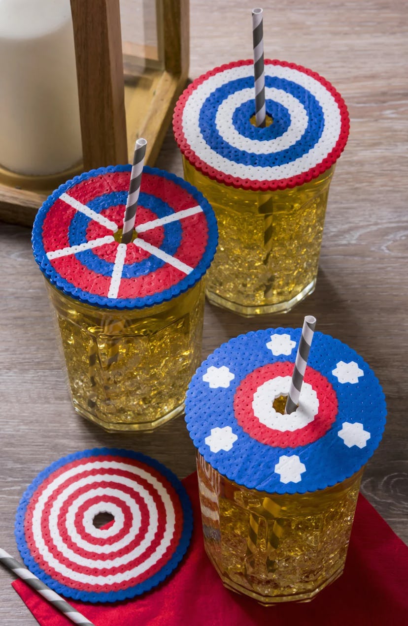Beaded drink covers are a pretty 4th of July craft for kids to make. 