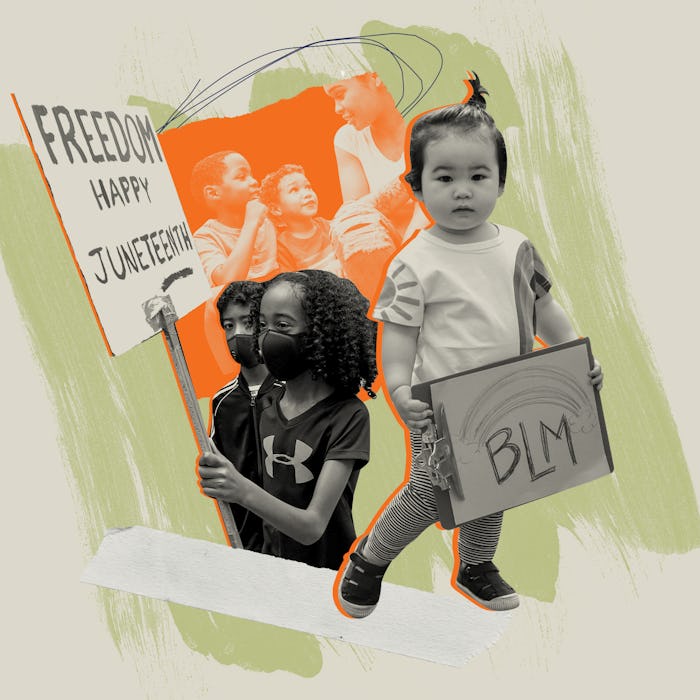 Two young children holding 'BLM' and 'FREEDOM HAPPY JUNETEENTH' poster in a collage