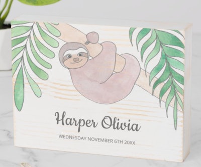 Personalize Baby Name Date Sloth Nursery Decor Wooden Box Sign