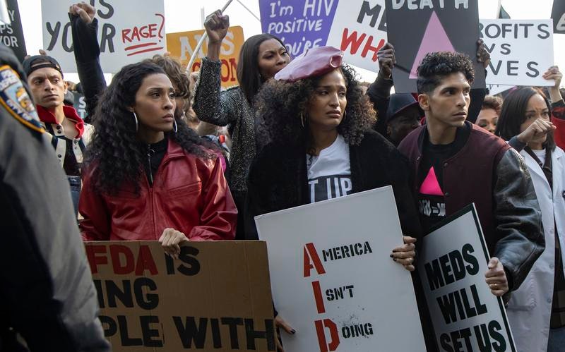 Blanca, Angel, and Papi at an ACT UP protest in the series finale of Pose.