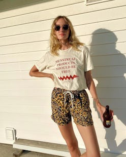 Hannah Baxter wearing leopard swim trunks outfit