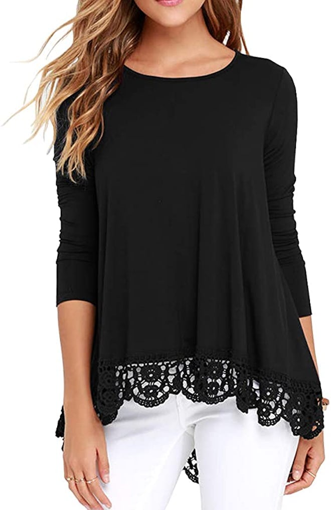 QIXING Lace Trim O-Neck A-Line Tunic Blouse