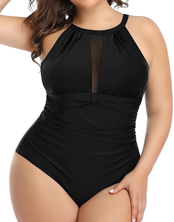 Aqua Eve One Piece Ruched Mesh Swimsuit