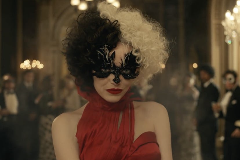Emma Stone rocks the classic half black, half blonde hair that her character Cruella de Vil is known...