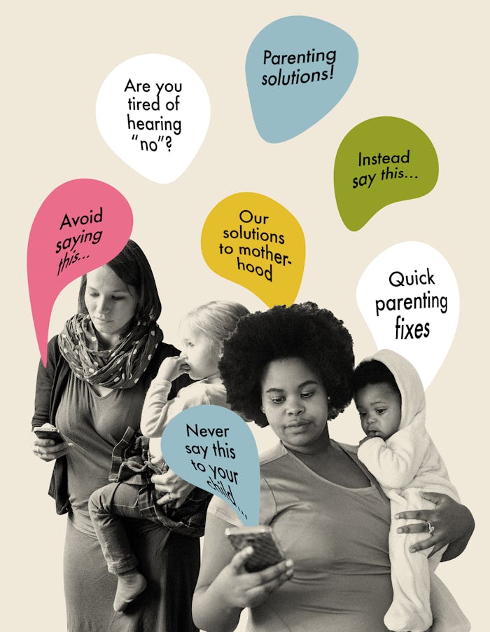 Two women holding their babies and reading parenting advice on social media