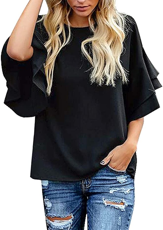 luvamia Casual 3/4 Tiered Bell Sleeve Crewneck Blouse