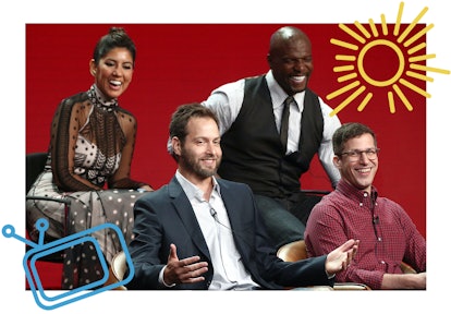 Stephanie Beatriz with Dan Goor, Andy Samberg, and Terry Crews in 2018. 