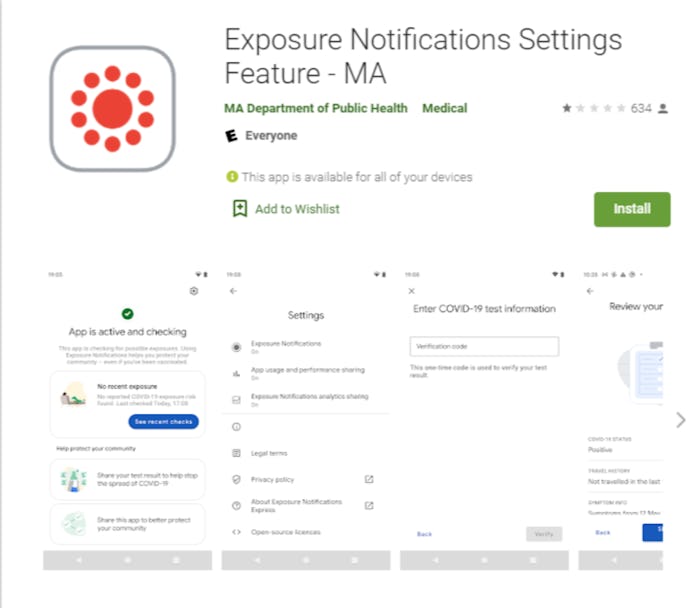 Massachussetts' MassNotify COVID-19 contact tracing app Google Play Store screenshot