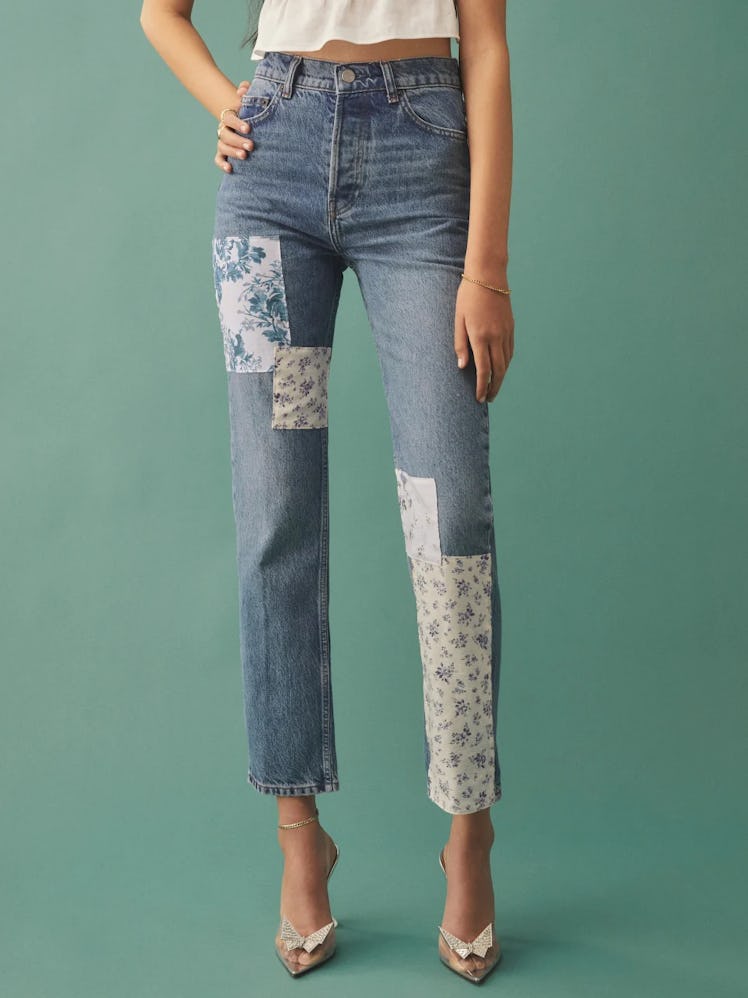 Cynthia Linen Patch High Rise Straight Jeans