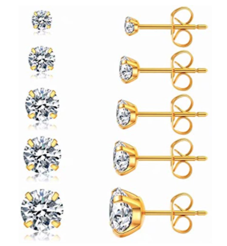 Wssxc Stainless Steel & Cubic Zirconia Stud Earrings (5 Pairs)