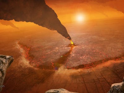 An illustration of a volcano erupting on Venus