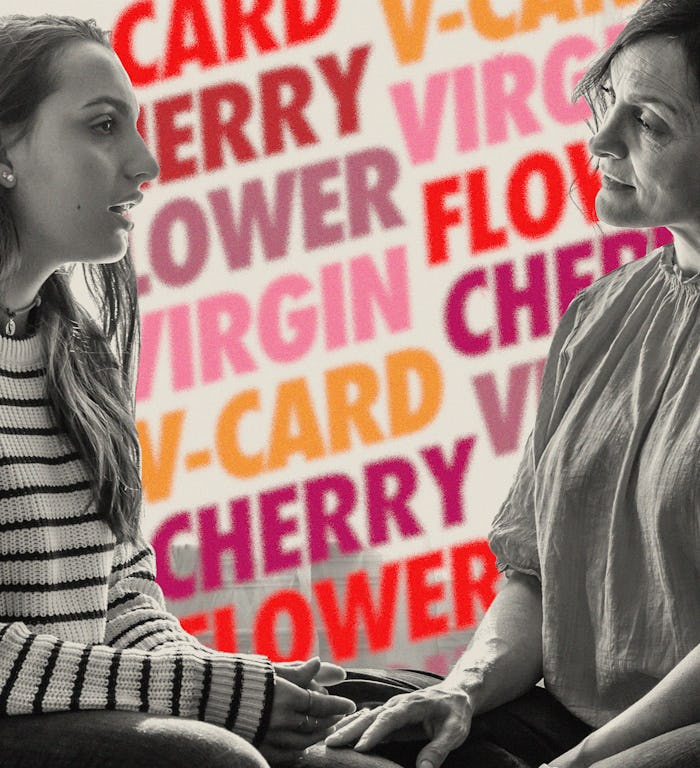 Two women sit across from each other talking about virginity while various words meaning virginity a...