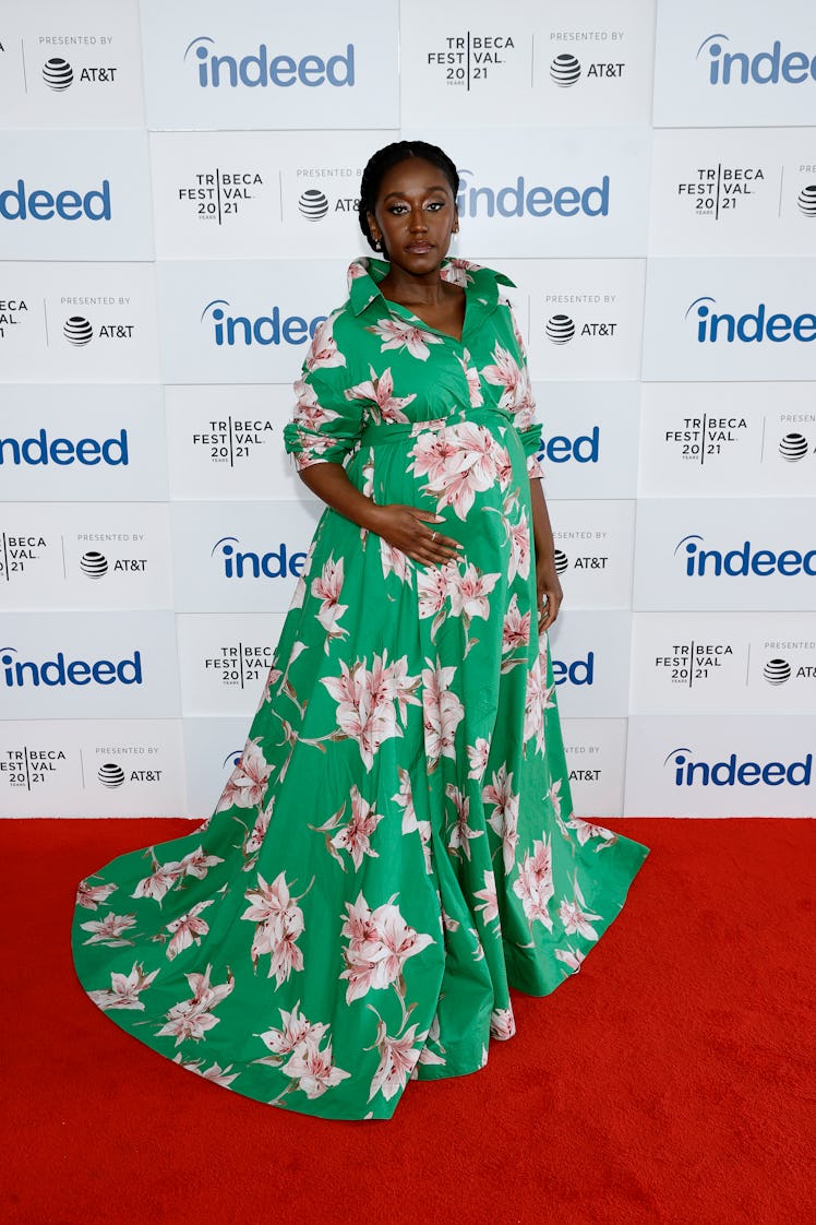 Nana Mensah in a green floral, floor-length gown at the Tribeca Film Festival 