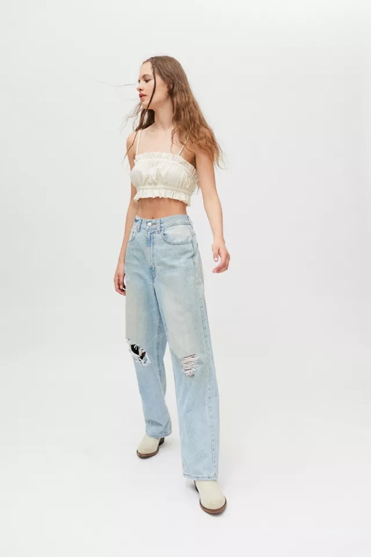 Loose Baggy High-Waisted Jean – Distressed Light Wash